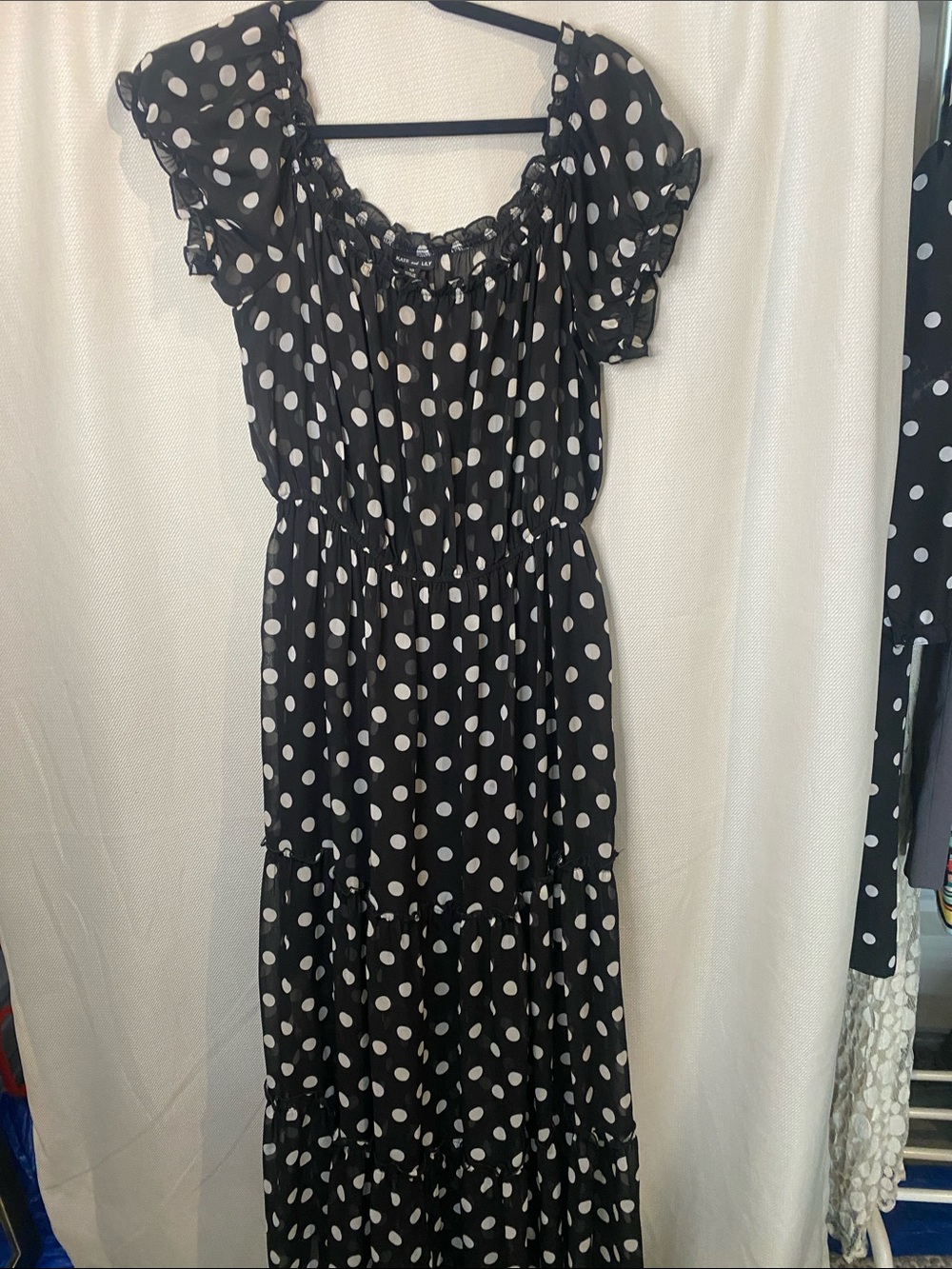Black & White Polka Dot Maxi Dress with Ruffle Sleeves